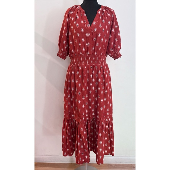 EUC by ANTHROPOLOGIE Felipa Crimson Ikat Cottagecore Boho Flounce Midi Dress M - Picture 2 of 13